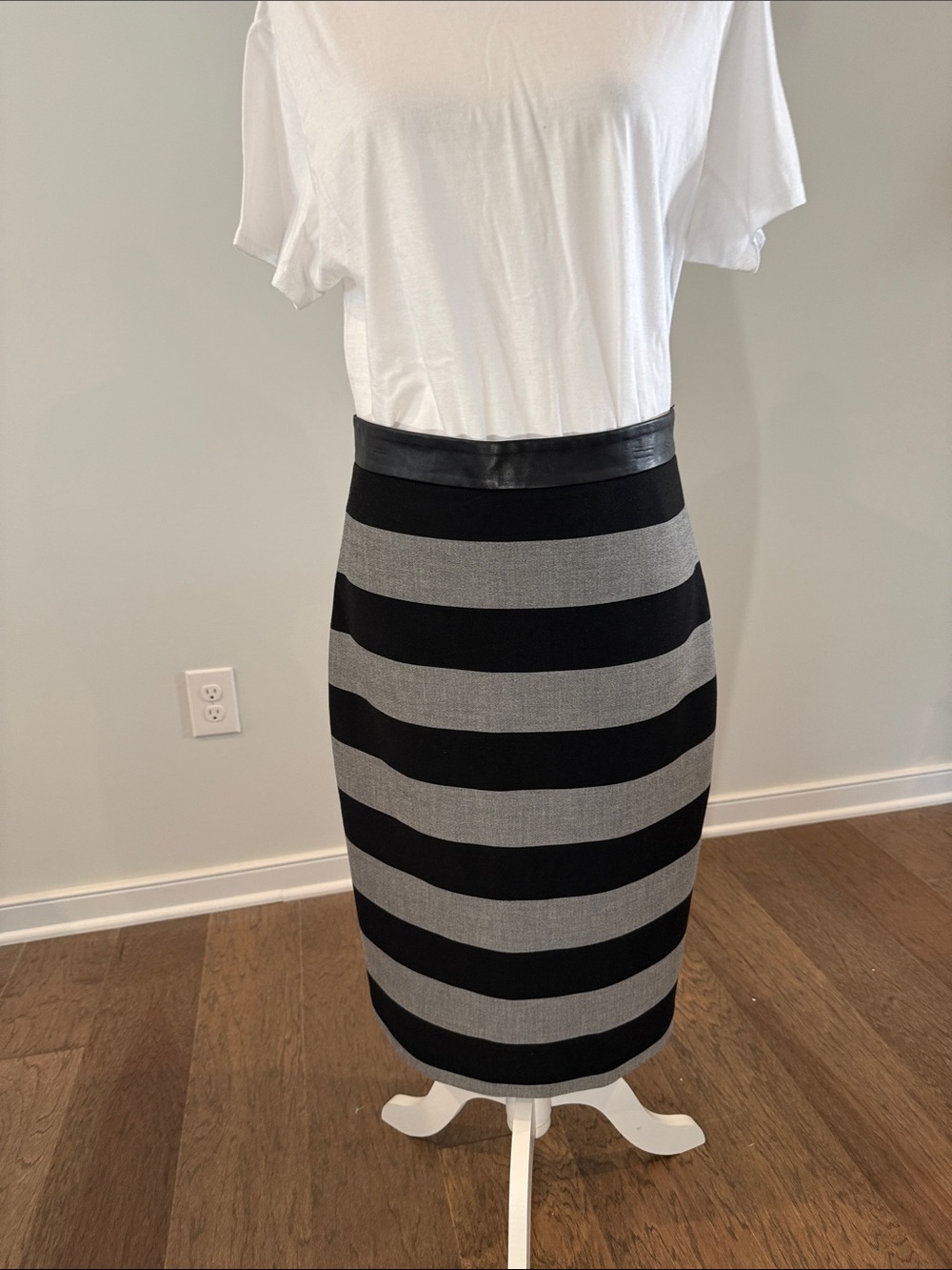 Striped Black and Gray Pencil Skirt with Leather-Trim Waist